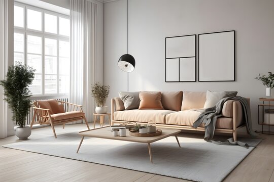 Scandinavian living room interior in light colors with a gray sofa, pillows, coffee table, dired flowers in vase, mock up poster. House apartment design in a minimalist style