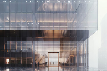 A sleek and minimalist office tower with a reflective glass facade and an impressive lobby.