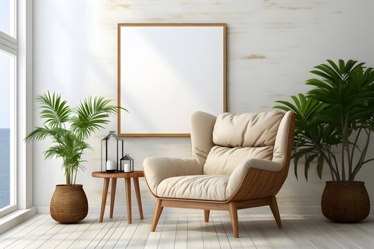 living room interior with armchair and mockup poster frame on a wall. Artwork templates in interior modern design