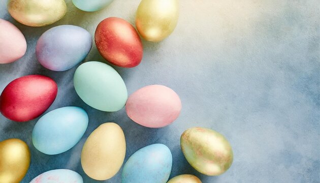 colorful painted easter eggs on blue background easter frame of eggs painted in blue red yellow pink green colorful color flat lay top view copy space for text
