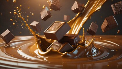 Pieces of chocolate bars falling into melted chocolate.
 - obrazy, fototapety, plakaty