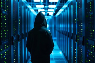 Data Center Intruder: Hacker Caught in Cybercrime Attempt - obrazy, fototapety, plakaty
