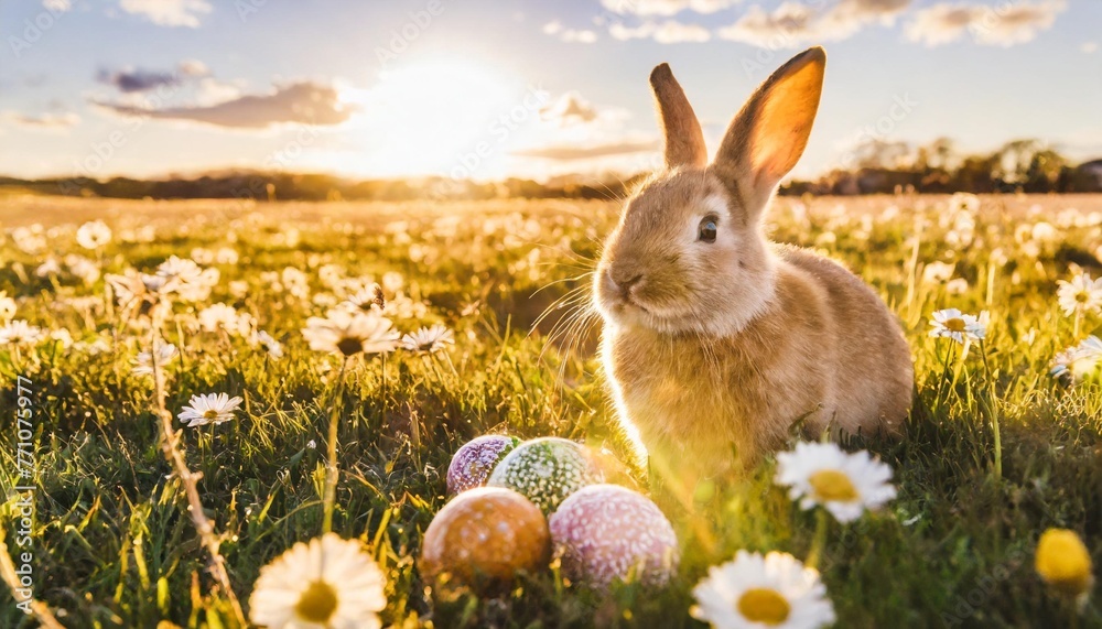 Canvas Prints adorable bunny with easter eggs in flowery meadow