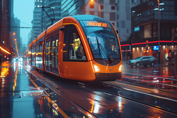 Train running at night on a wet street, reflected in the water - Powered by Adobe