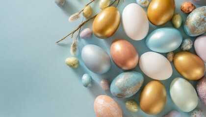 easter background concept top view set of various colorful easter eggs on isolated pastel blue background with copy space