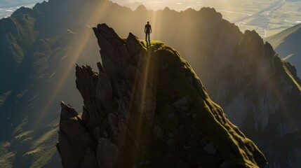 Mountaineer silhouette before the sunset - obrazy, fototapety, plakaty