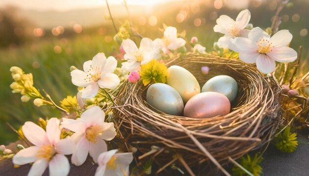 happy easter background concept with easter eggs in nest and spring flowers created with bird eggs hd 8k wallpaper stock photographic image