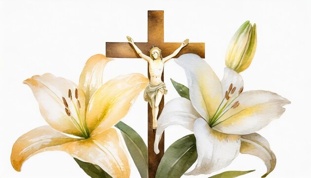 christian cross made and white lily flower watercolor clipart illustration with isolated background
