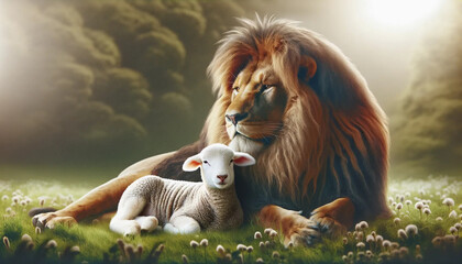 A lion laying with a lamb in a peaceful setting - obrazy, fototapety, plakaty