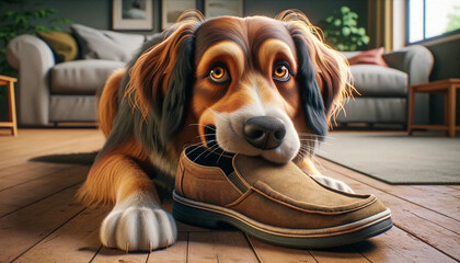 A puppy dog chewing on a man's slipper in a house living room - obrazy, fototapety, plakaty