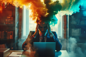 An overworked businessman in front of his laptop, smoke coming from his head, having a burnout, suffering from an excess of work - obrazy, fototapety, plakaty