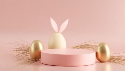 Obraz na płótnie Canvas happy easter pink pedestal product display stand or podium with cute easter egg on pastel pink background 3d rendering