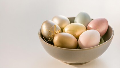 beautiful painted easter eggs in a bowl isolated on white with copy space