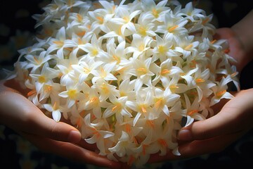 A person delicately cradles a vibrant bouquet of night jasmine or sheuli flowers in their hands,...