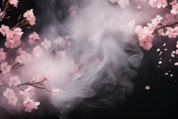 A vibrant pink cherry blossom emitting wisps of mysterious smoke, creating an ethereal and surreal atmosphere. Generative AI