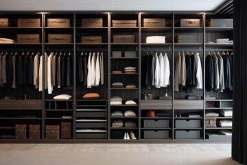 Fototapeta na wymiar Modern Men's Walk-In Wardrobe, Minimalist Interior Design, Luxury Closet Space