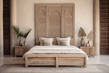 Moroccan Wall Hanging Above Wooden Bed, Bohemian Eclectic Interior Design in Modern Bedroom