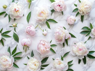 Naklejka na ściany i meble Bouquet of peony. Floral pattern. Flat lay, top view.