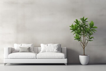 Fototapeta na wymiar Contemporary Living Space, White Couch, Indoor Plant, Cement Wall, Clean Home Decor