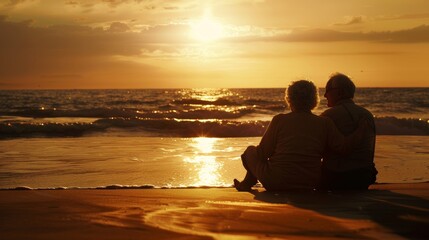Couple sitting on beach at sunset, enjoying the serene ocean view.