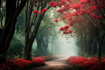 A winding path cuts through a lush forest, lined with vibrant red Silk Cotton flowers in bloom. Generative AI