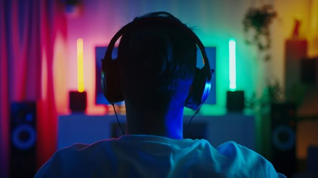 Person with headphones facing colorful LED lights, suggesting a music or gaming theme.