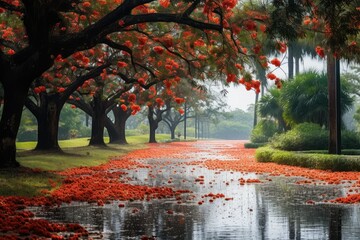 A majestic tree-lined street adorned with a carpet of vibrant red Royal Poinciana flowers, creating...