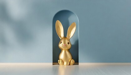 easter bunny peeps out of the blue wall 3d rendering - obrazy, fototapety, plakaty
