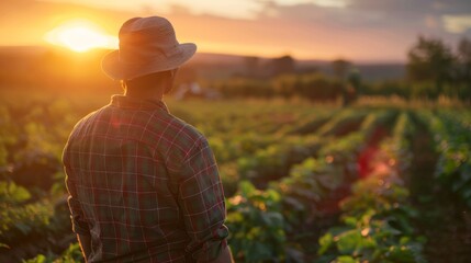 Farmer observing crops at sunset, warm golden hour light over lush farmland, concept of agriculture and growth. - obrazy, fototapety, plakaty
