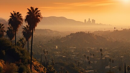 Towering palm trees, the Park basks in bright sunshine with the Hollywood Hills in the distance. - obrazy, fototapety, plakaty