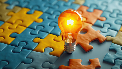 innovative solutions unveiled: a puzzle-themed graphic showcasing pieces coming together to reveal a bright lightbulb, symbolizing innovative solutions and creativity