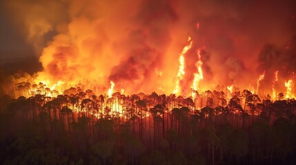 Fototapeta na wymiar Devastating Forest Fire Engulfing Trees in a Massive Wildfire