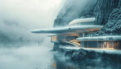 Foto auf Glas futuristic architecture in a science fiction landscape © Riverland Studio