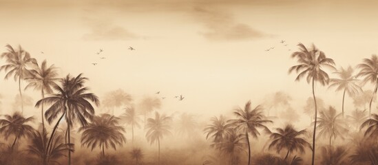 Fototapeta na wymiar A picturesque natural landscape painting of a tropical forest with Arecales trees, birds flying in the sky, and a vibrant atmosphere filled with clouds