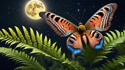  peacock moth on a fern against the background of a starry sky with a full moon