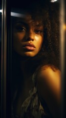Street dreamy photo sad black woman model window looking at camera portrait reflection glare