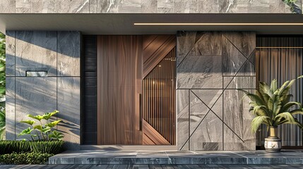 A bold, geometric main door with clean lines and asymmetrical patterns, making a statement of contemporary style against the backdrop of a modern house facade in - obrazy, fototapety, plakaty