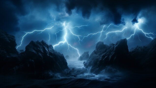 Black Sky with Blue Lightning, Beach at Night, Sci-Fi Illustrations, Mystery of Nature