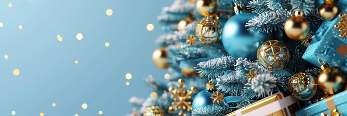 Chic christmas tree with golden baubles and gifts on tranquil light blue holiday backdrop - obrazy, fototapety, plakaty