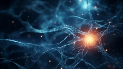 Foto op Plexiglas Blue Light Neuron Photo, Rendered Medical Imaging, Scientific Visual Representation © panumas