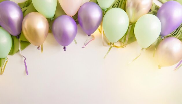 balloon banner green purple border frame on white background copy space concept of spring sale grand opening easter ad birthday poster
