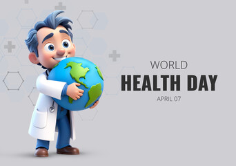 Fototapeta premium World health day background with 3d rendering doctor cartoon character hugging planet earth