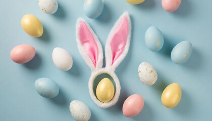 easter party concept top view photo of easter bunny ears white pink blue and yellow eggs on isolated pastel blue background with copyspace in the middle - obrazy, fototapety, plakaty