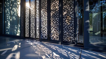 A contemporary main door featuring intricate laser-cut metal panels, casting captivating shadow...