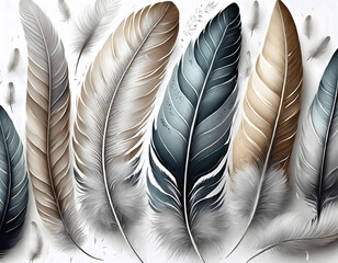 Illustration of various colored feathers on white background. Generative ai