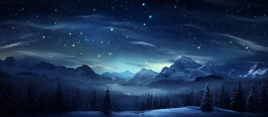 Foto op Plexiglas A serene snowy landscape under a starry sky, with majestic mountains, towering trees, and a tranquil river reflecting the shimmering night sky © AkuAku