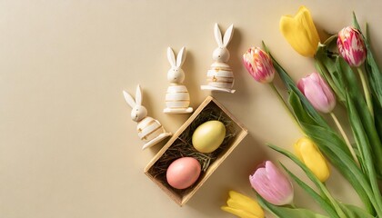 easter decor concept top view photo of colorful easter eggs ceramic bunnies yellow and pink tulips and wooden egg holder on isolated pastel beige background with copyspace in the
