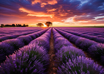 A long path runs through a field of lavender. The sky is orange and the sun is setting