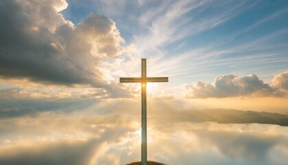 christian cross appears bright in the sky background and soft clouds with the light shining as love hope and freedom of god jesus - obrazy, fototapety, plakaty
