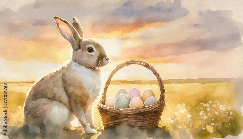 Poster easter bunny with basket of eggs victoria style art watercolor edited